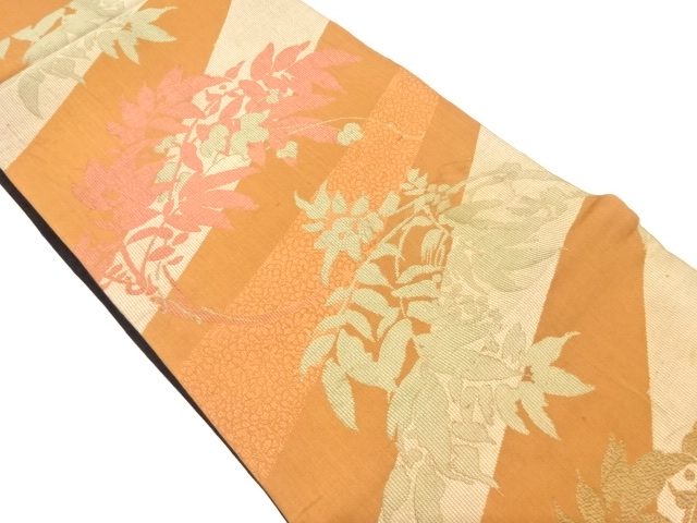 JAPANESE KIMONO / ANTIQUE CHUYA OBI / WOVEN LEAVES & DIAGONAL STRIPE